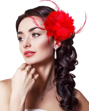 Red Flower Fascinator Feather Flower Red Hair Clip Pin Brooch Corsage Bridal Hairband Cocktail Banquet Party Wedding Accessories
