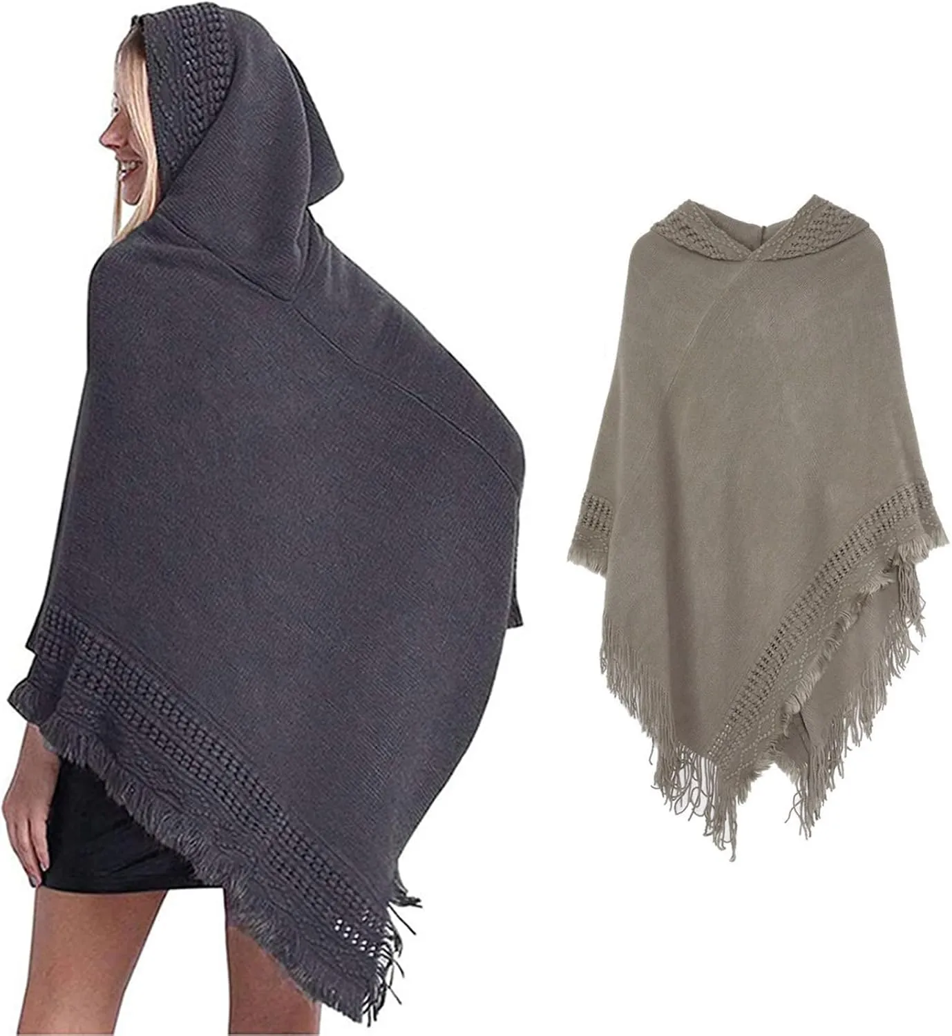 Shawl,Women Winter Knitted Hooded Poncho Cape Solid Color Crochet Fringed Shawl Wrap Oversized Pullover Cloak Sweater