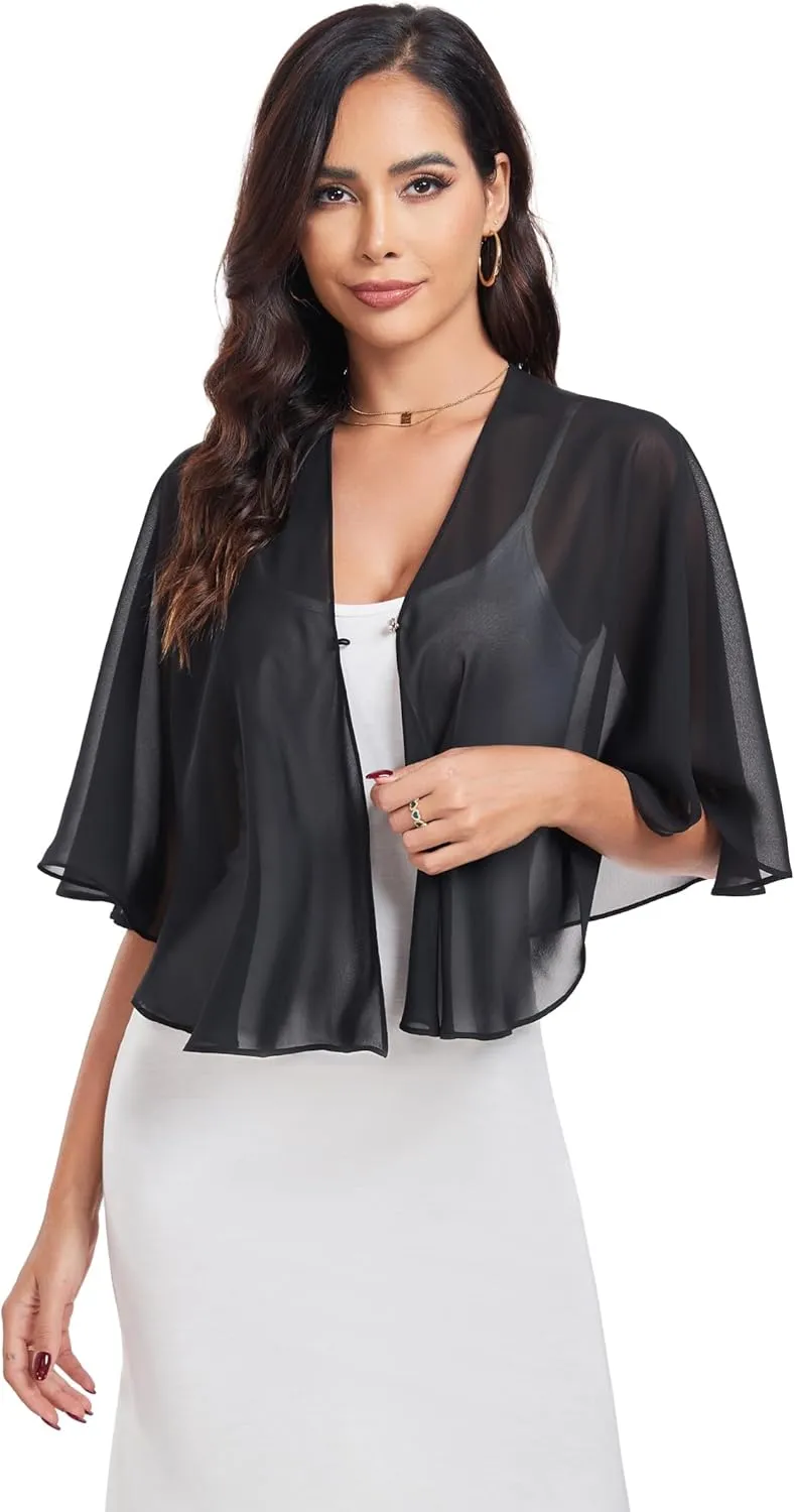 Sheer Shawls and Wraps for Formal Evening Party Chiffon V Neck Capelets for Women Wedding Guest Shawl