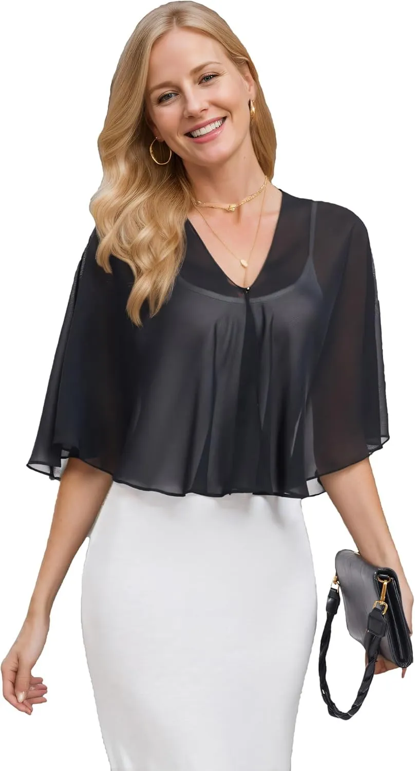 Sheer Shawls and Wraps for Formal Evening Party Chiffon V Neck Capelets for Women Wedding Guest Shawl