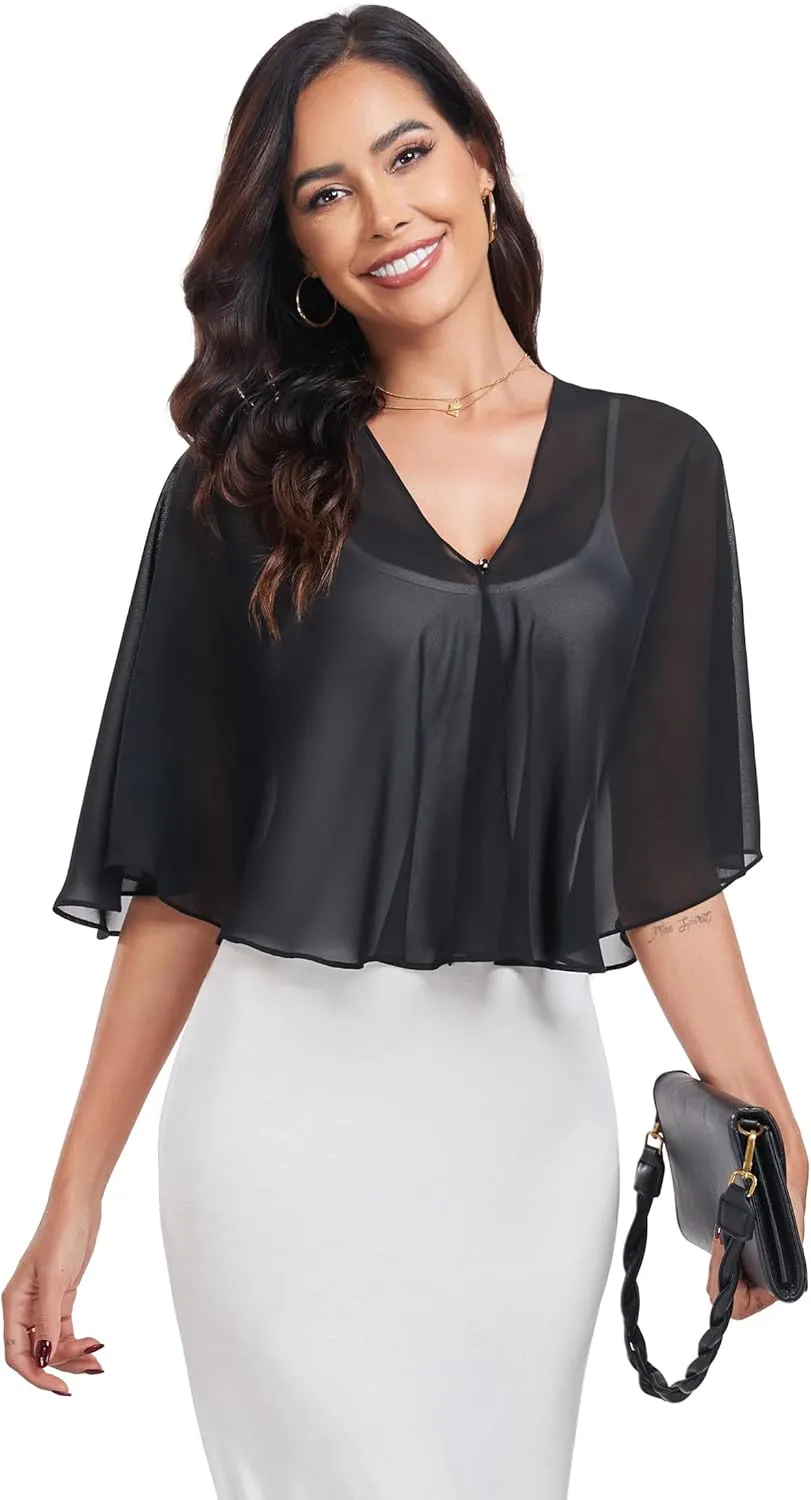 Sheer Shawls and Wraps for Formal Evening Party Chiffon V Neck Capelets for Women Wedding Guest Shawl