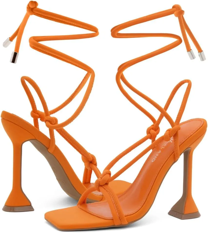 Shoe Land SL-Melody Women's Lace-Up Heels, Dressy Strappy High Heel Sandals, Square Open Toe with Tie-Up Ankle Wrap  Stiletto Heels for Prom, Party, and Wedding