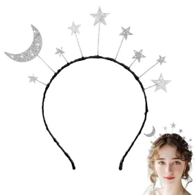 Silver Moon Star Headband, Glitter Star Crown Shiny Galaxy Moon Headpiece for Women Wedding Halloween & Christmas Costumes (Silver)