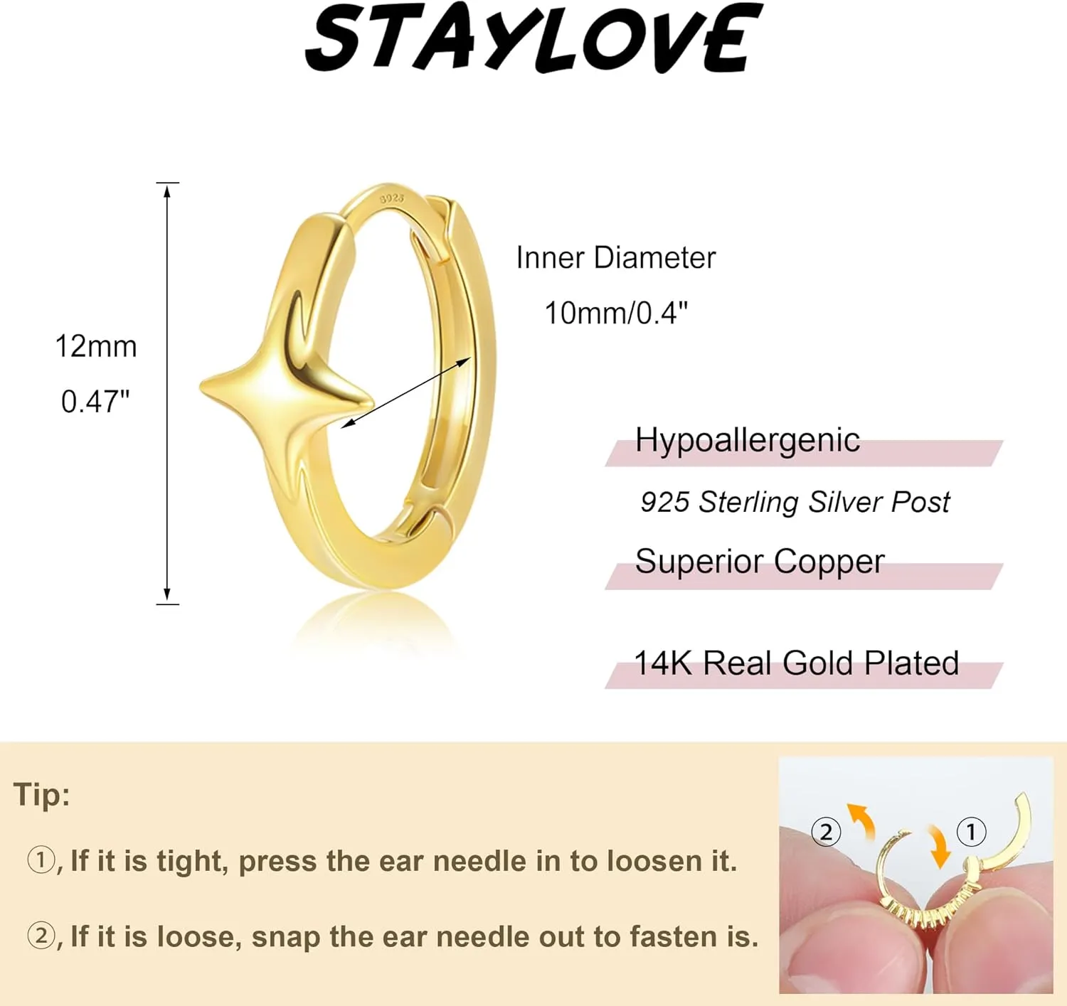 Small Gold Hoop Earrings for Women 925 Sterling Silver Post 14K Gold Plated Lightweight Hypoallergenic Star Huggie Earrings for Women