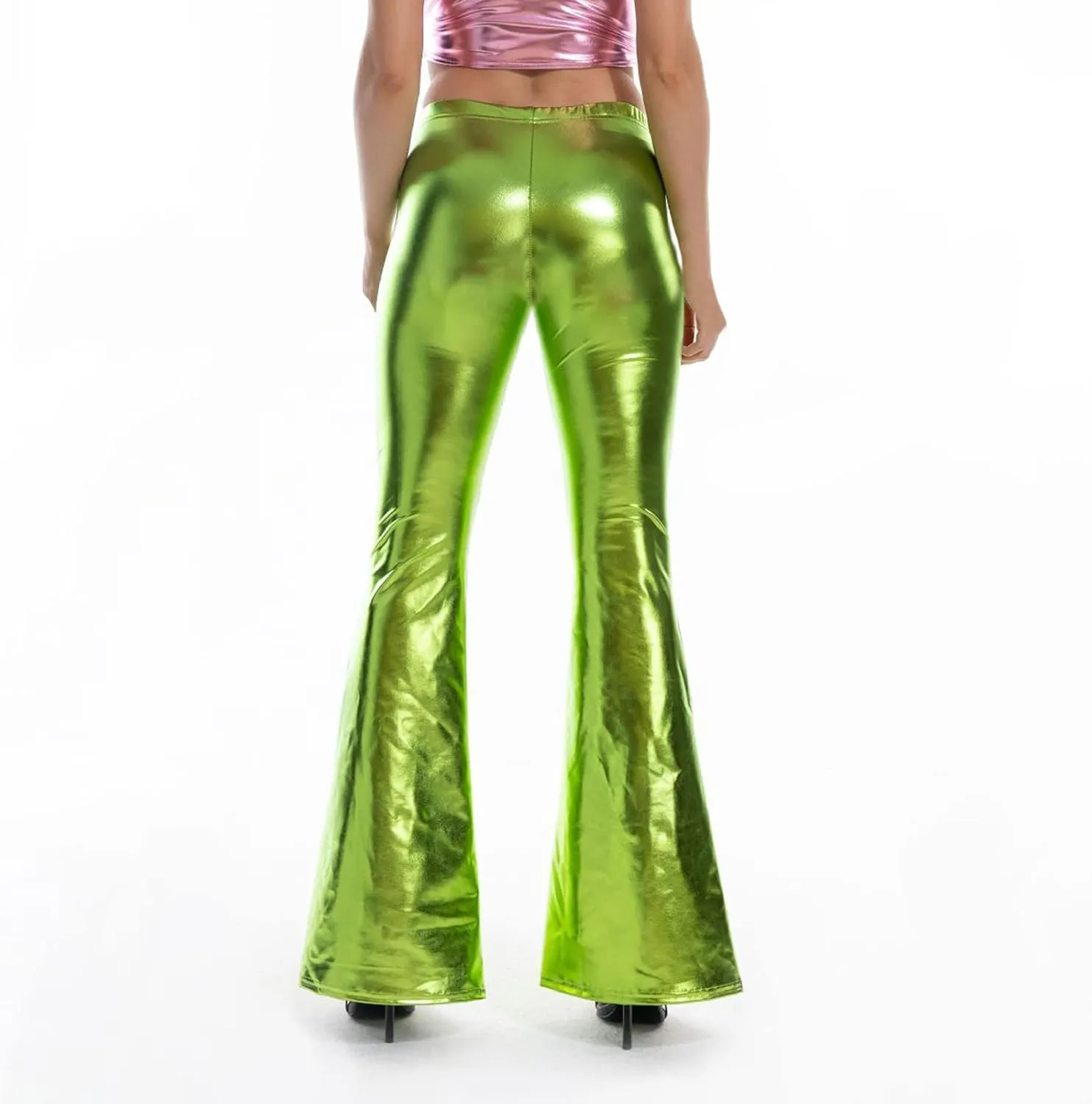 SMIDOW Womens High Waisted Metallic Flare Pants 70s Disco Dance Shiny Leggings Wide Leg Bootcut Palazzo Trousers Club Wear