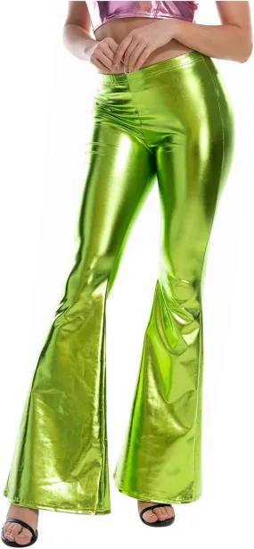 SMIDOW Womens High Waisted Metallic Flare Pants 70s Disco Dance Shiny Leggings Wide Leg Bootcut Palazzo Trousers Club Wear