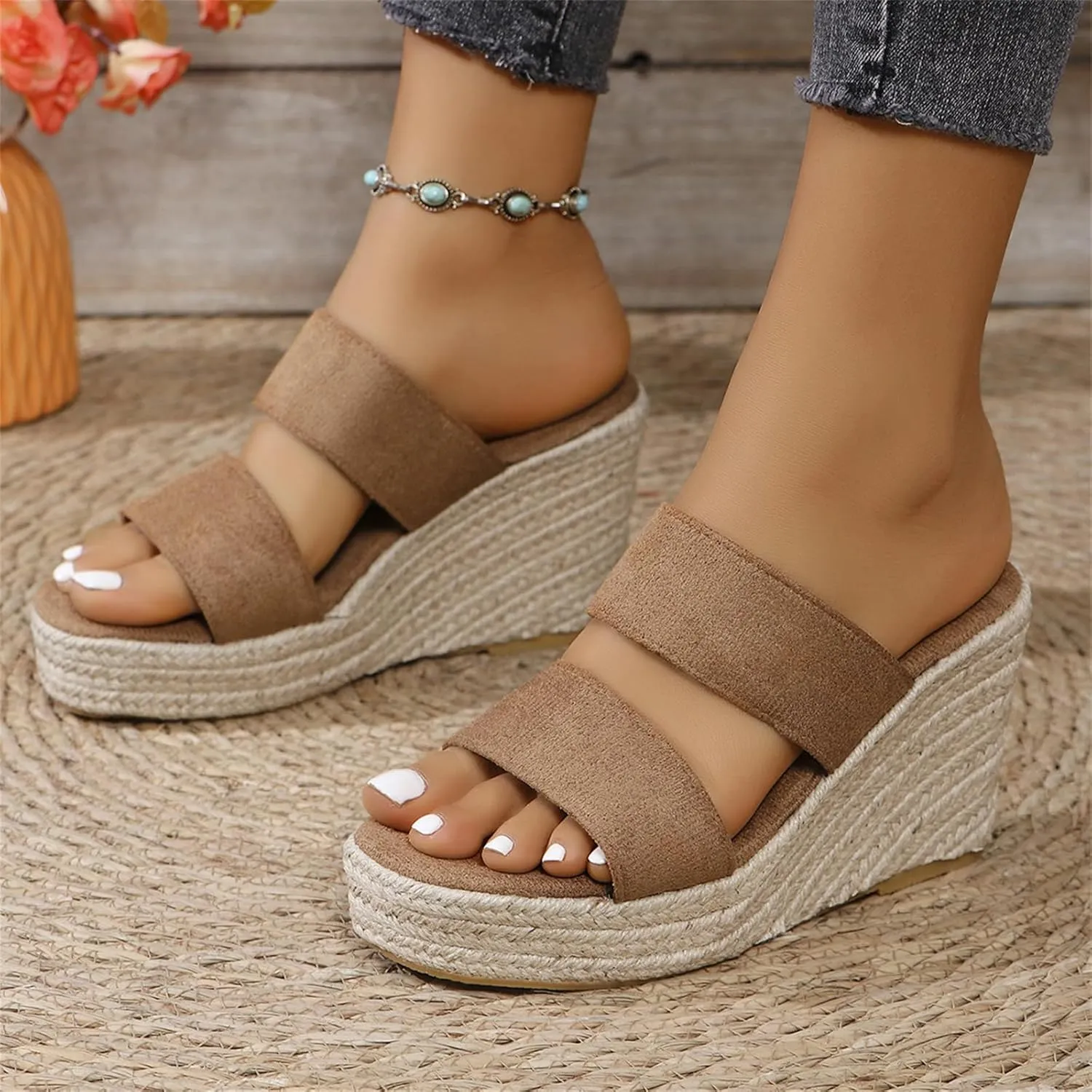 Smoneyful Womens Sunrise Espadrilles Sandals Wrapped Wedge Heel Padded Footbed Strappy Ankle Strap Buckle Open Toe Platform Dressy Summer Wedge Sandals