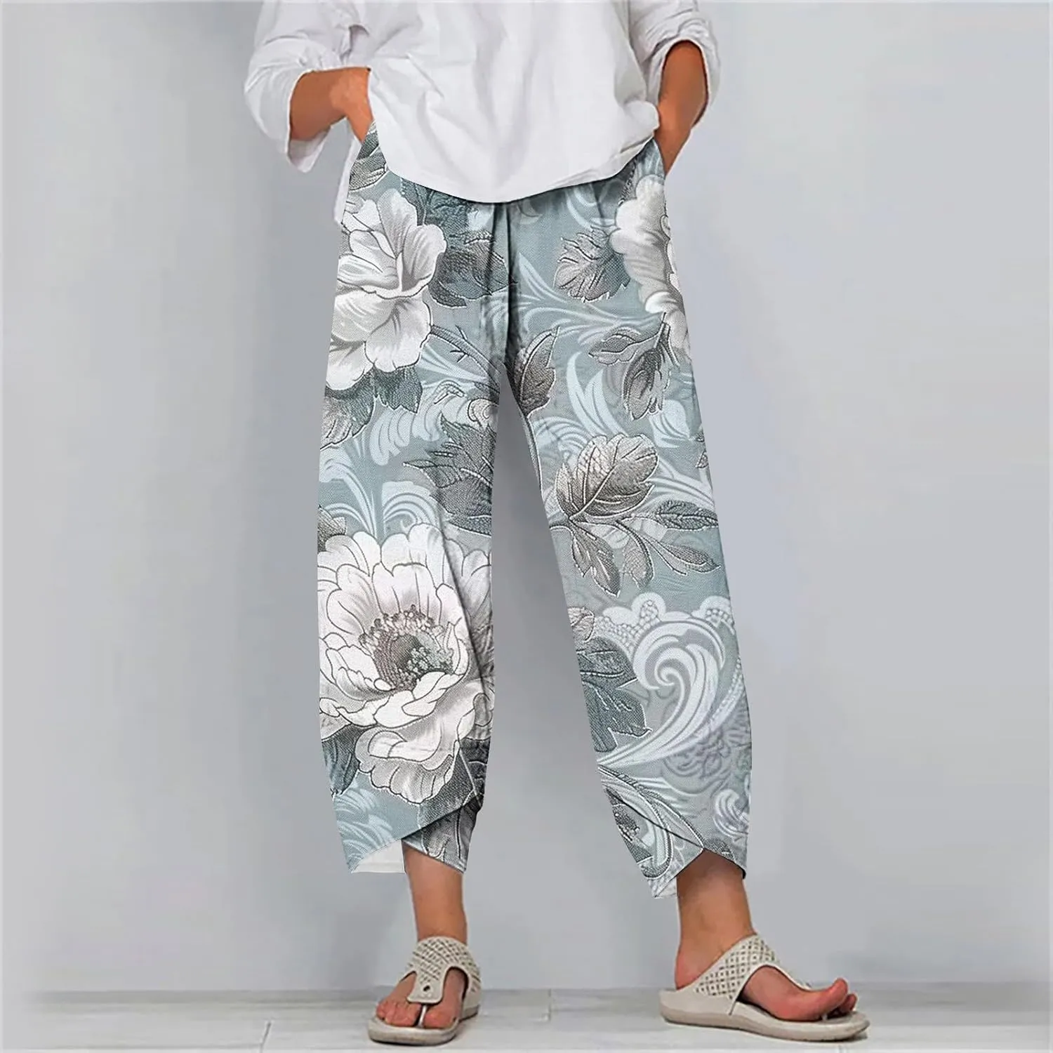 Soft Stretch Capri Pants Women's Summer Casual Yoga Lounge Wear High Waisted Wide Leg Trousers