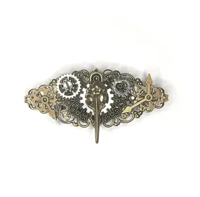 Steampunk Gothic Gear Two Way French Barrette Brooch Pin and Alligator Hair Clip Set Vintage Bronze Tone