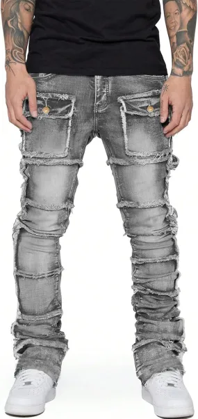 Stretch Stacked Jeans Mens Slim Fit Ripped Cargo Jeans Distressed Straight Leg Hip Hop Trousers with Pockets