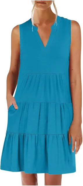 Summer Dresses for Women 2025 Casual Sleeveless Beach Dress Fashion Pleated Loose V-Neck Solid Color Sundress