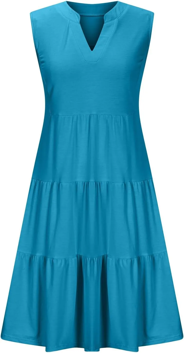 Summer Dresses for Women 2025 Casual Sleeveless Beach Dress Fashion Pleated Loose V-Neck Solid Color Sundress
