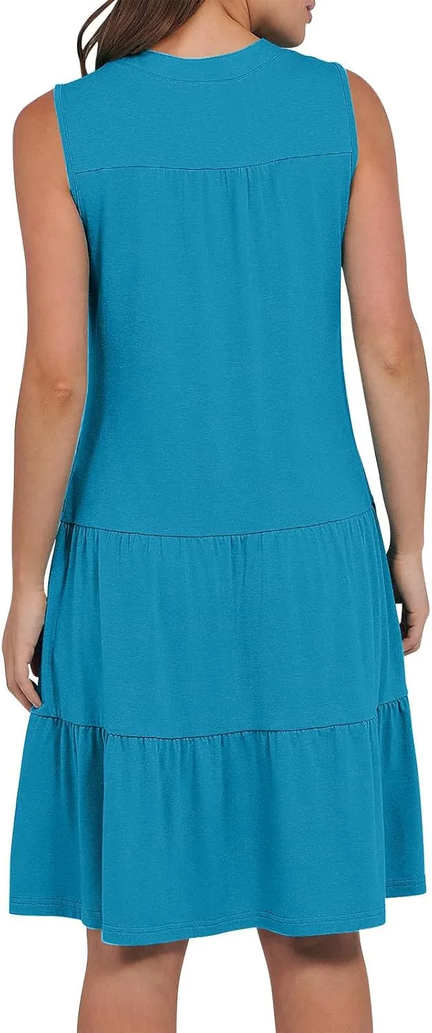 Summer Dresses for Women 2025 Casual Sleeveless Beach Dress Fashion Pleated Loose V-Neck Solid Color Sundress