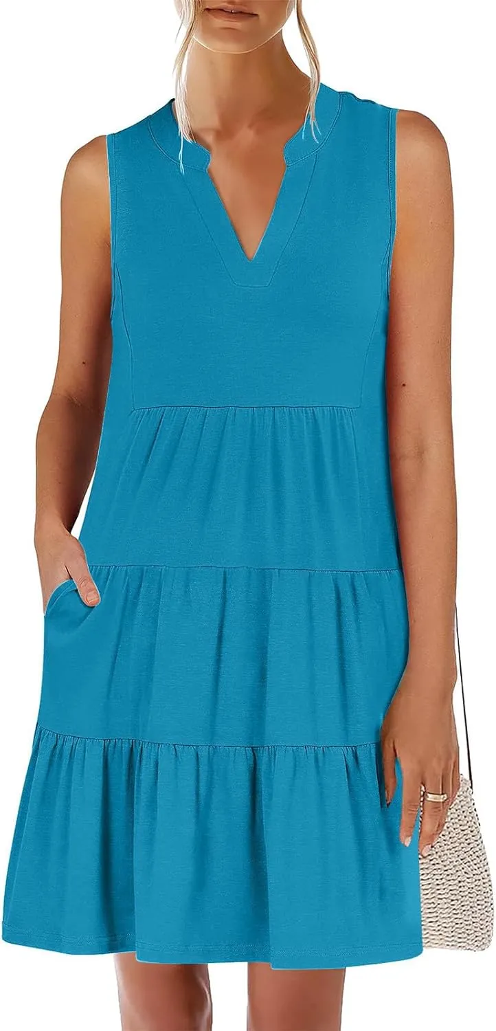 Summer Dresses for Women 2025 Casual Sleeveless Beach Dress Fashion Pleated Loose V-Neck Solid Color Sundress