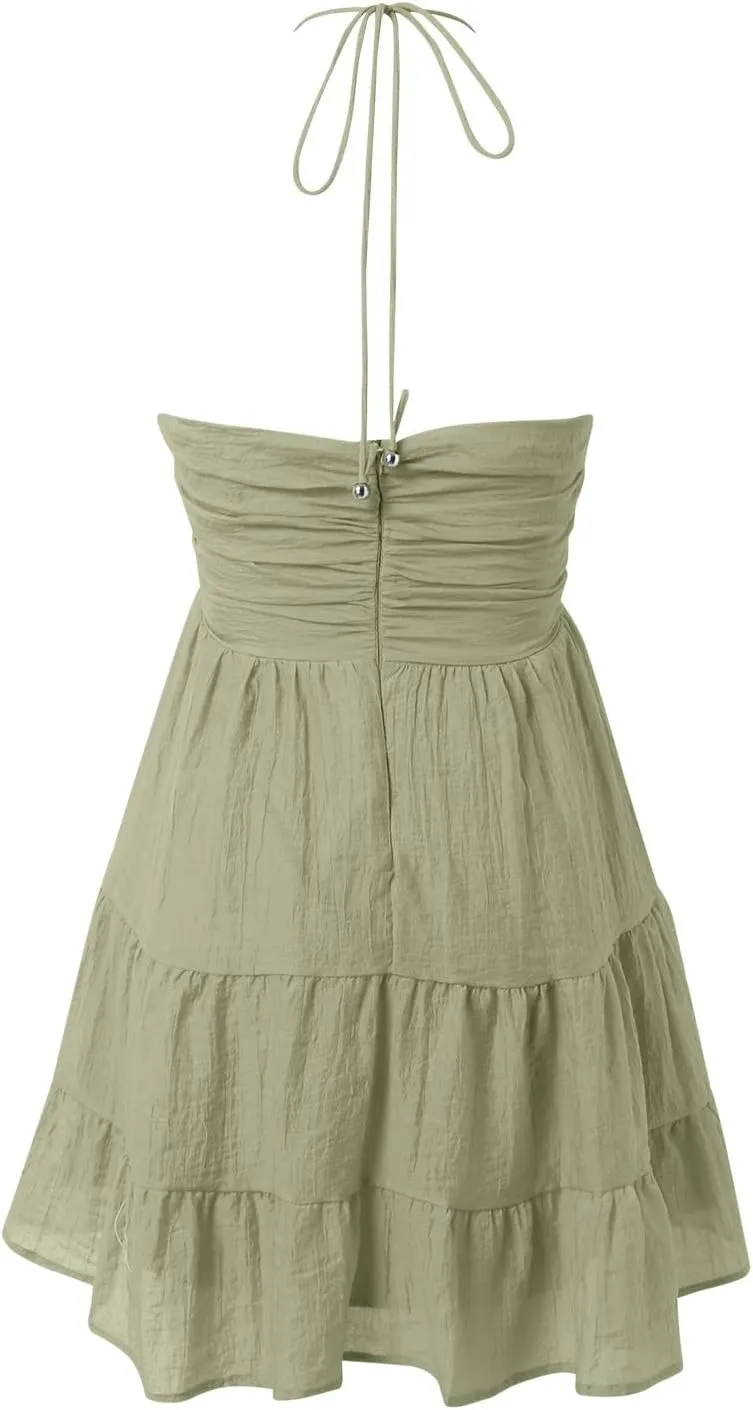 Summer Dresses for Women 2025 Vacation, Women's Mini Dress Ruched Backless Halter Flowy Ruffle Party Club Short Dresses