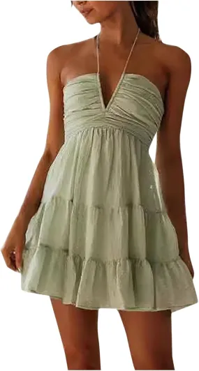 Summer Dresses for Women 2025 Vacation, Women's Mini Dress Ruched Backless Halter Flowy Ruffle Party Club Short Dresses