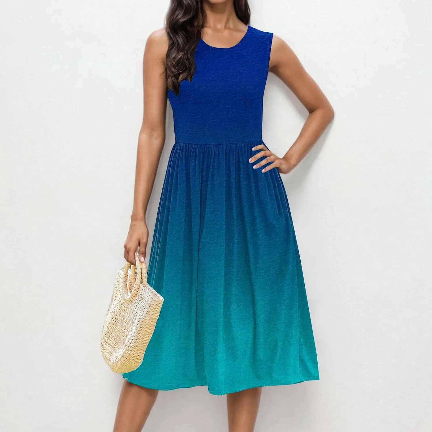 Summer Dresses for Women Casual A-Line Flowy Sleeveless Midi Dress Vintage Floral Print Pleated Beach Sundress 2025