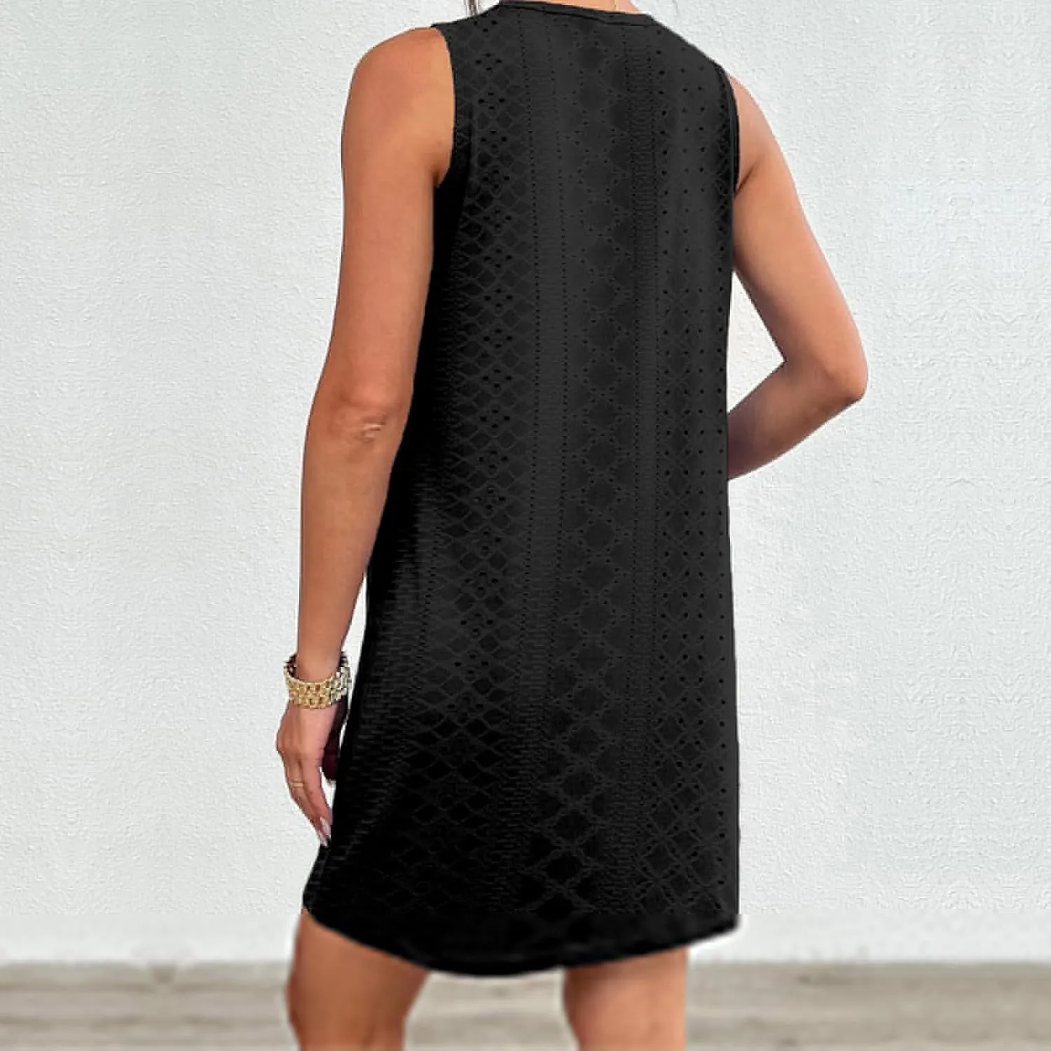 Summer Dresses for Women Casual Round Neck Sleeveless Mini Dress Loose Fit Texture Hollow Out A Line Beach Sundress