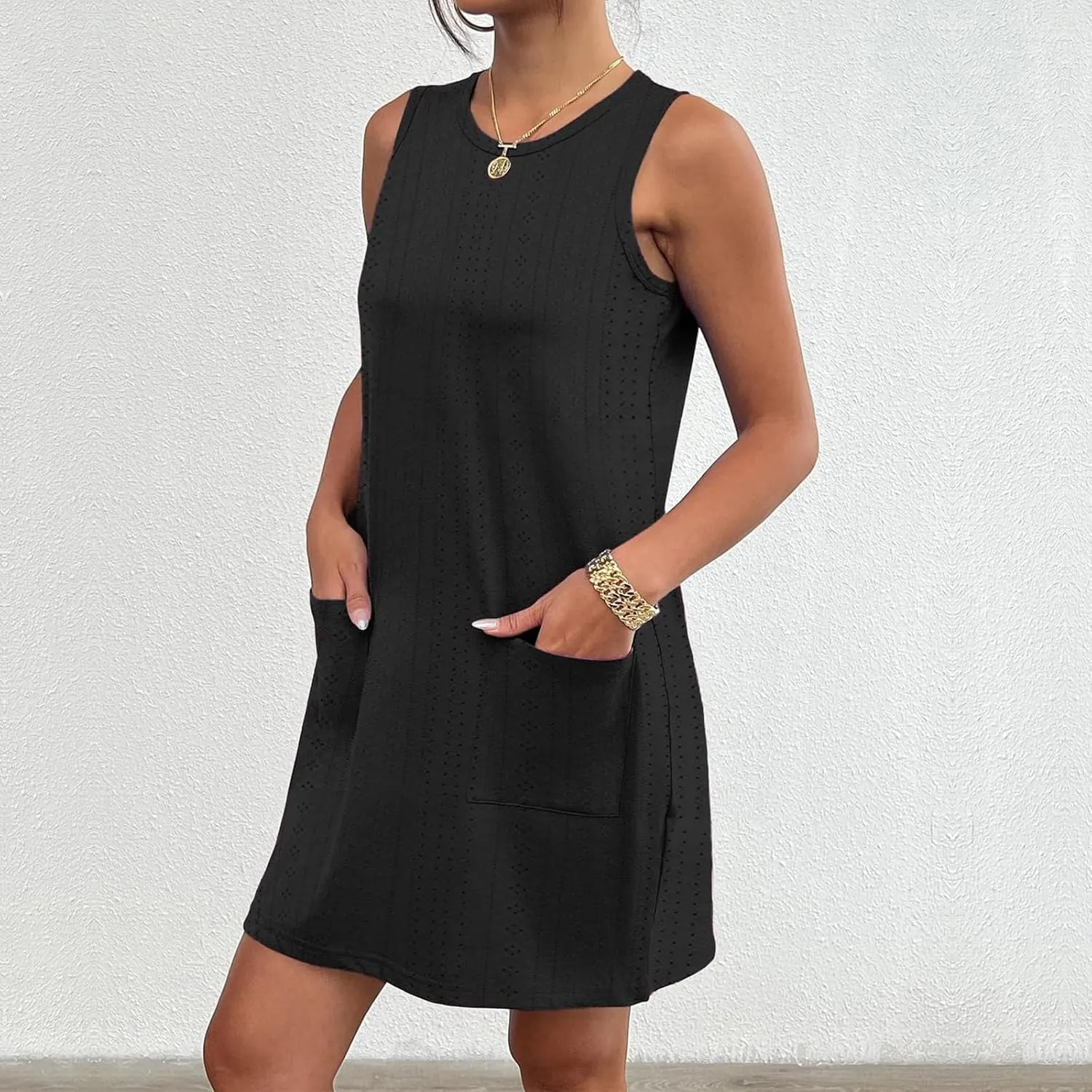 Summer Dresses for Women Casual Round Neck Sleeveless Mini Dress Loose Fit Texture Hollow Out A Line Beach Sundress