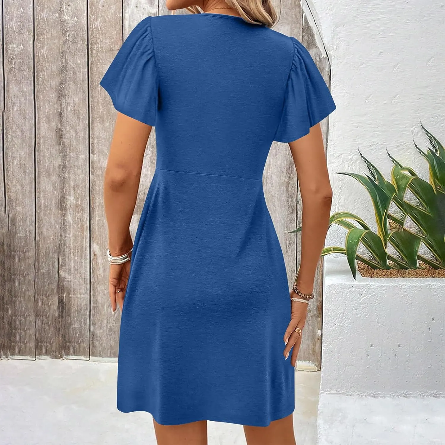 Summer Dresses for Women Short Sleeve Casual Sundress Solid Color Loose Fit V-Neck Pleated Vacation Beach Dress