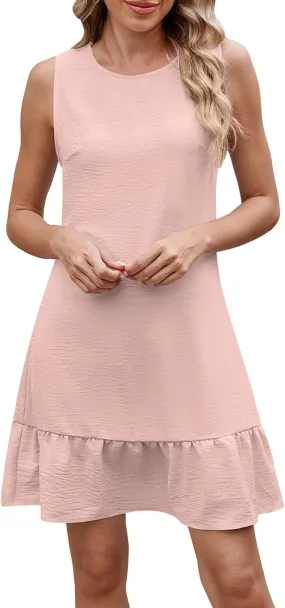 Summer Dresses for Women Sleeveless Crew Neck Sundresses Casual Beach Mini Dress Loose Fit Ruffle Hem Sun Dress