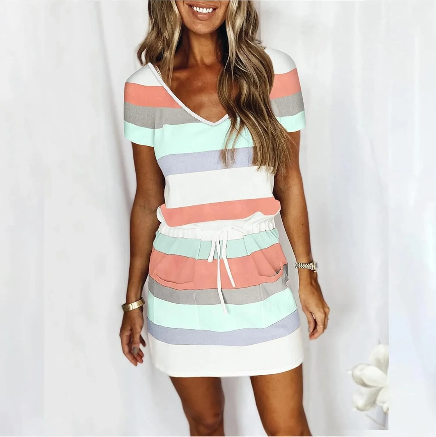 Sundresses for Women 2025 Summer Casual Dresses Striped Beach Party Dress Mini Tshirt Dress with Pocket Boho Dresses