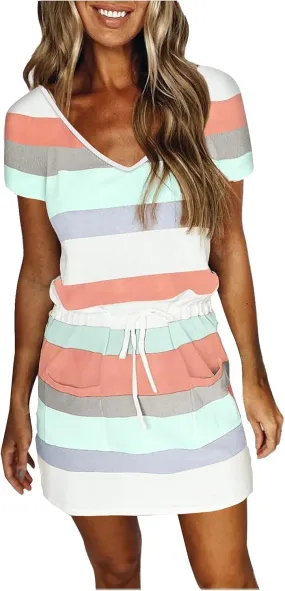 Sundresses for Women 2025 Summer Casual Dresses Striped Beach Party Dress Mini Tshirt Dress with Pocket Boho Dresses