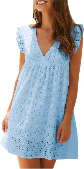 tuduoms Summer Ruffle Dresses for Women Sleeveless Faux-wrap V Neck Embroidery Dress Hollow out Babydoll A-Line Mini Dress