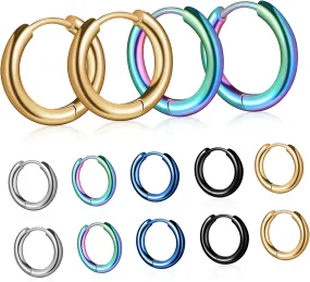 Unisex Titanium Steel Hoop Earrings 5 Pairs Set Mini Circle Earrings Minimalist Jewelry Black Silver