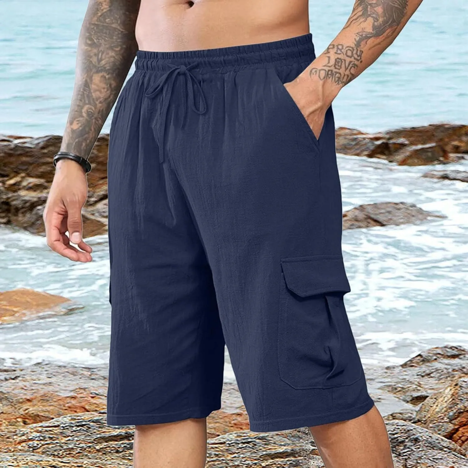 Vickyleb Men's Cotton Shorts 7 Inch Inseam Stretch Drawstring Golf Shorts Lightweight Casual Outdoor Work Shorts