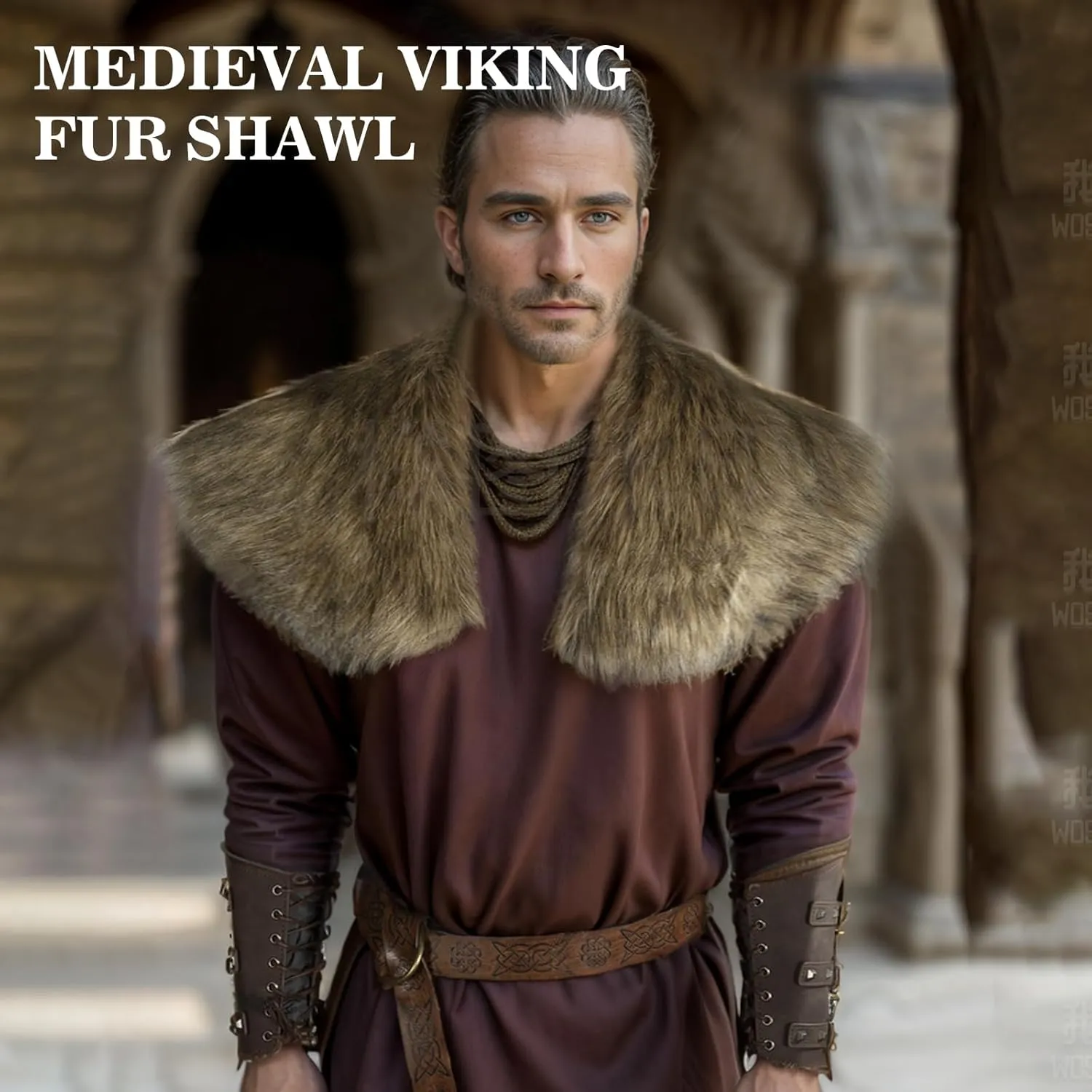 Viking Cloak Costume Men Fur Collar Medieval Renaissance Wrap King Warrior Cape Shawl Halloween LARP Cosplay Costume