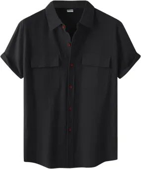 Wankang Mens Casual Button-Down Shirts Short Sleeve Linen Collared Pockets T-Shirts Summer Beach Hawaiian T Shirt for Men