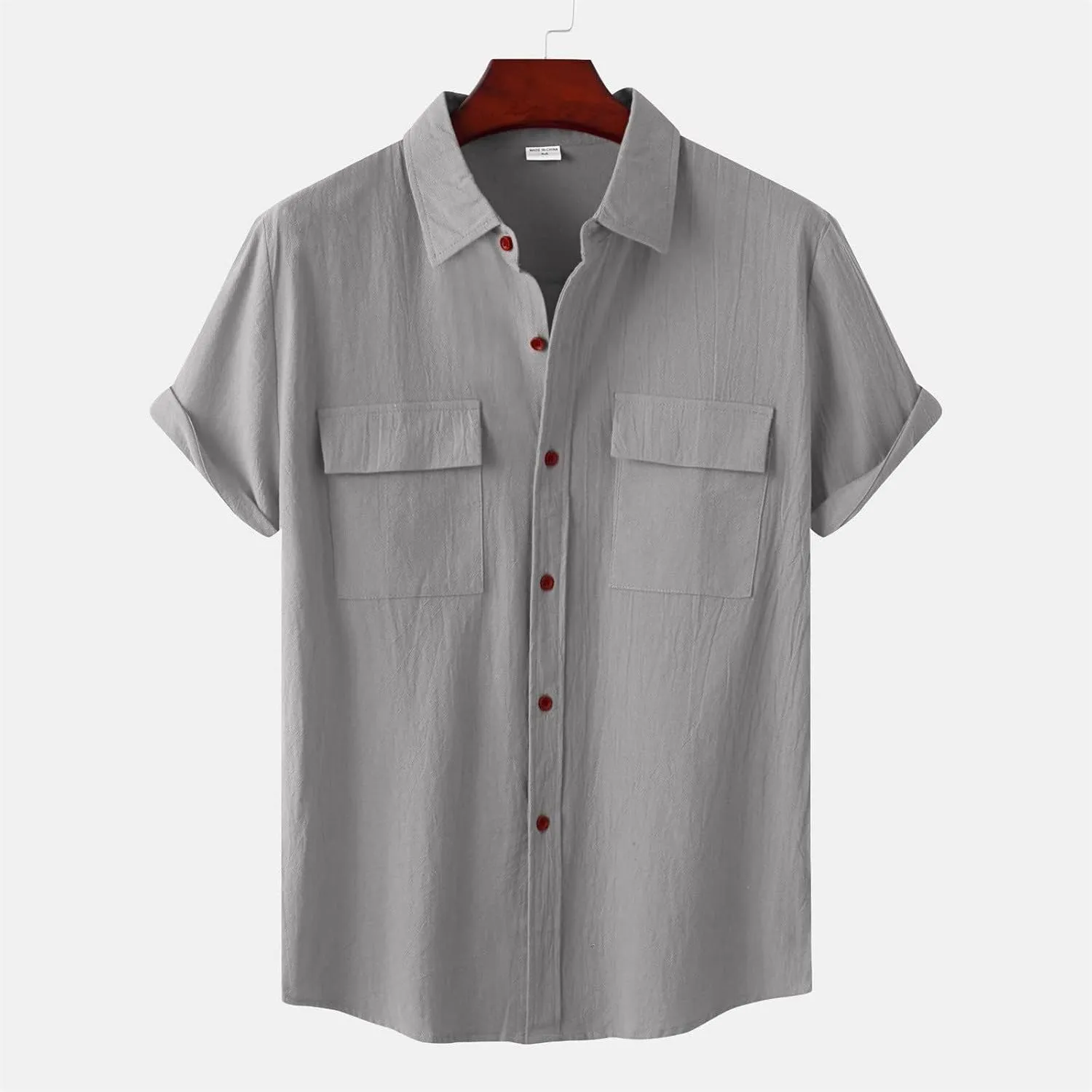 Wankang Mens Casual Button-Down Shirts Short Sleeve Linen Collared Pockets T-Shirts Summer Beach Hawaiian T Shirt for Men