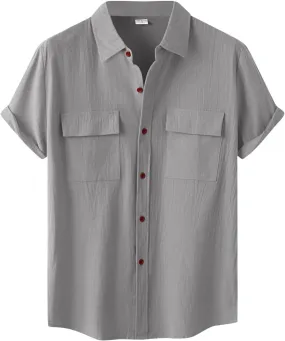 Wankang Mens Casual Button-Down Shirts Short Sleeve Linen Collared Pockets T-Shirts Summer Beach Hawaiian T Shirt for Men
