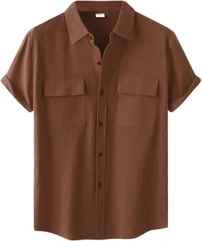 Wankang Mens Casual Button-Down Shirts Short Sleeve Linen Collared Pockets T-Shirts Summer Beach Hawaiian T Shirt for Men