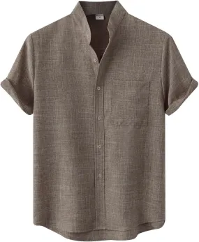 Wankang Mens Summer Casual Linen Shirts Short Sleeve Button Up Beach T Shirts Collared Tees Pocket Hawaiian Shirt for Men