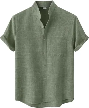 Wankang Mens Summer Casual Linen Shirts Short Sleeve Button Up Beach T Shirts Collared Tees Pocket Hawaiian Shirt for Men