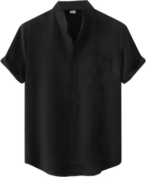 Wankang Mens Summer Casual Linen Shirts Short Sleeve Button Up Beach T Shirts Collared Tees Pocket Hawaiian Shirt for Men