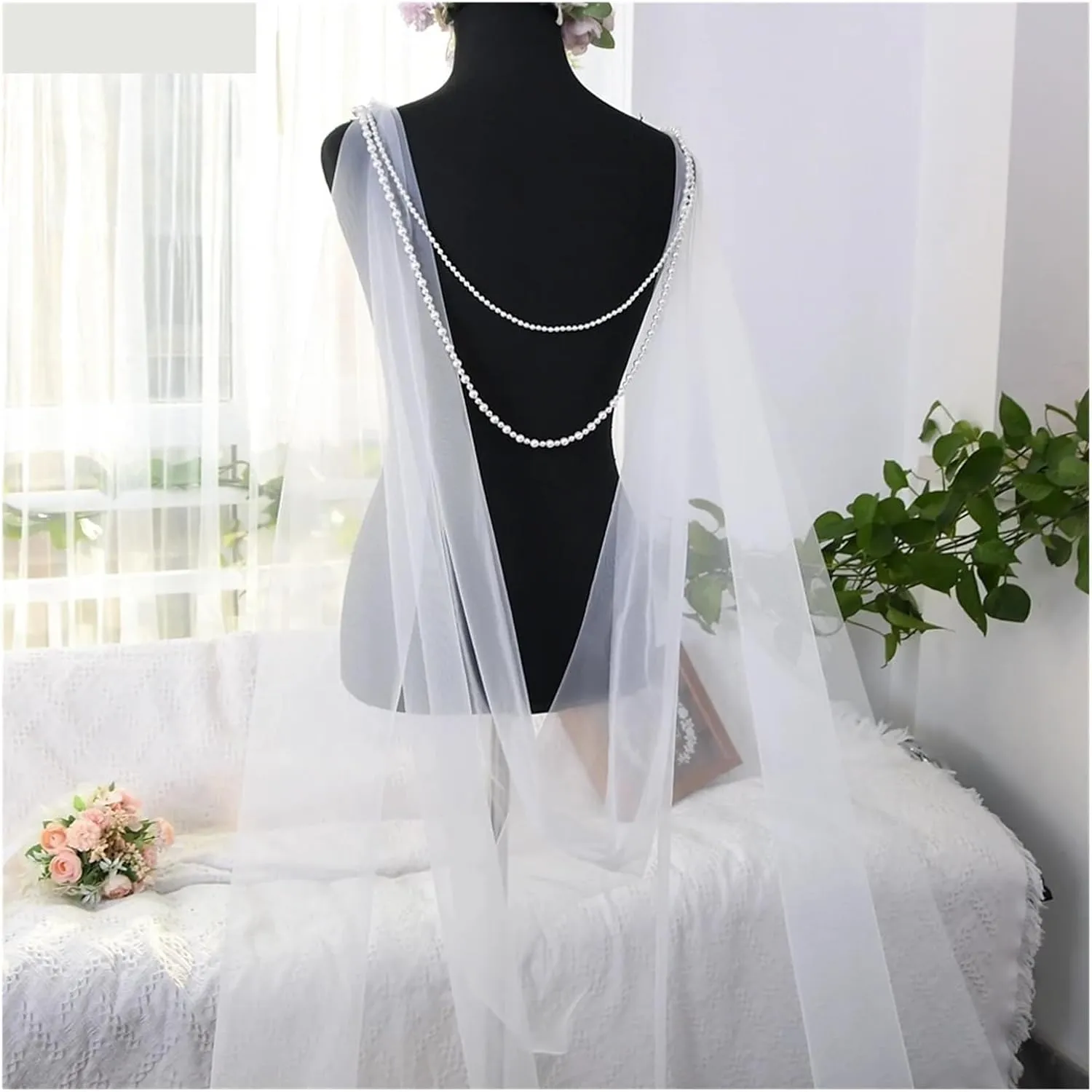 Wedding Capes Veil Bridal Wraps Long Train Shawls Cloak with Pearl Beaded Wedding for Bride(Color 1)