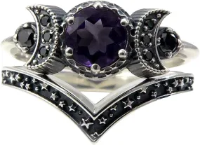 Wedding Engagement Promise Jewelry Purple Crystal Cresent Triple Moon Godness Band Ring Set size 5 to 11