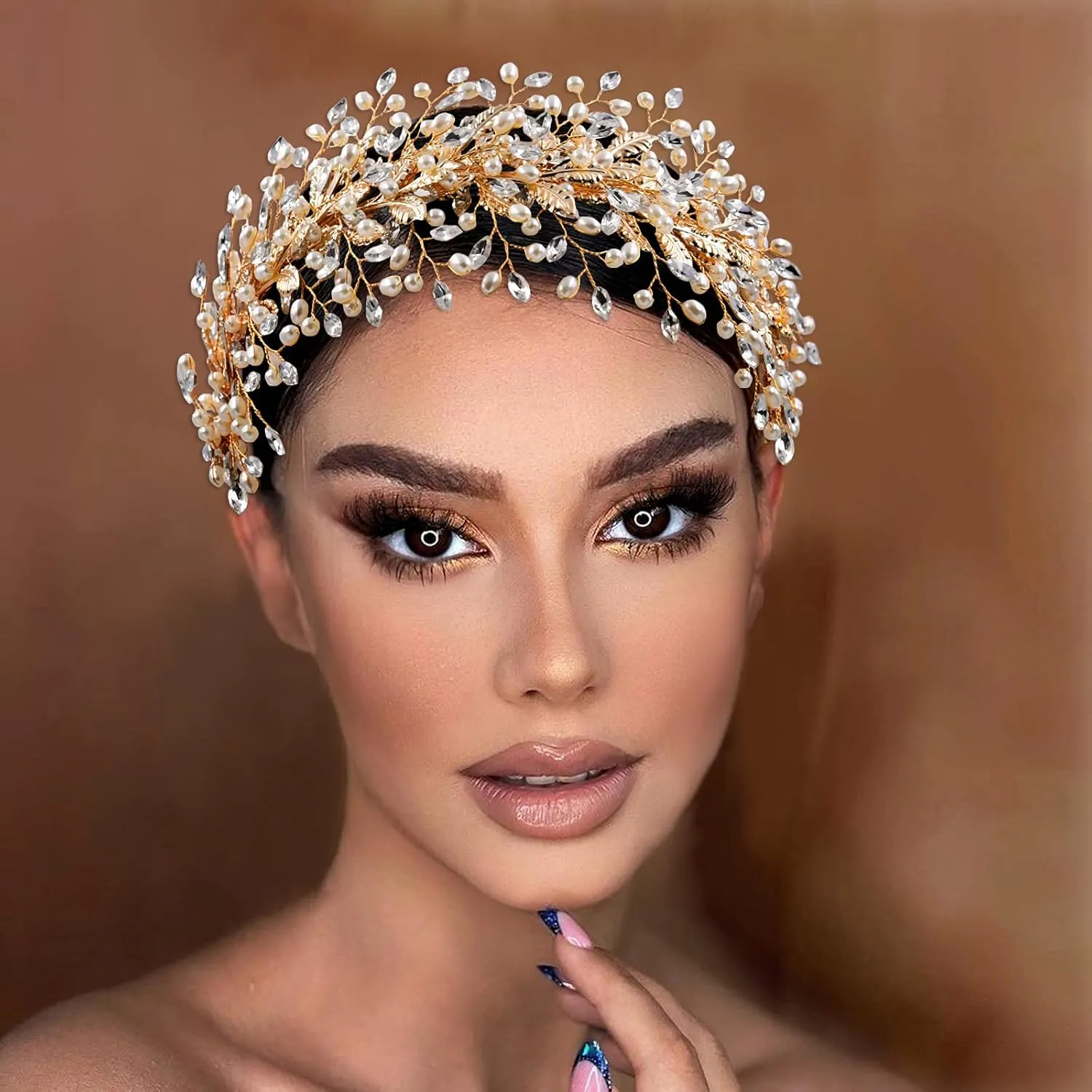wedding headband bridal hair band rhinestone wedding hair accessories for brides (Gold)