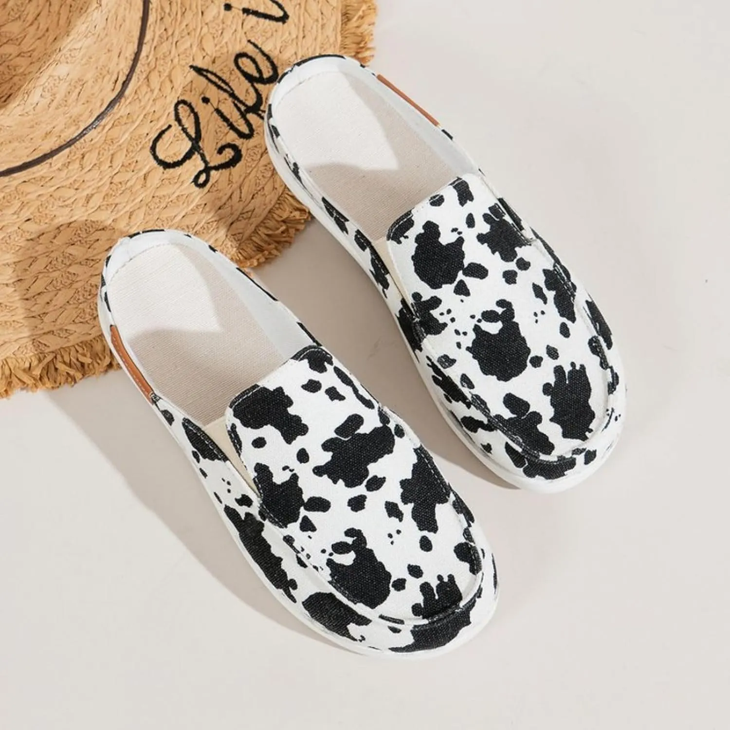 Women Canvas Slip On Lightweight Mule Sneaker,Summer Fashion Back Flats Walking Shoes Closed Round Toe Low Top Casual Loafer Comfort Leopard Print Flat Slippers,Non-Slip Sneakers 2025