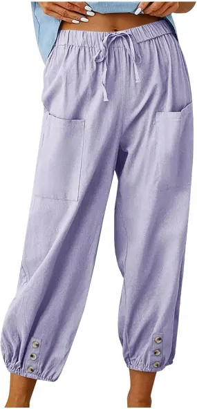 Women Capri Pants Casual Drawstring Elastic High Waist Baggy Cinch Bottom Pants Cropped Pants Trousers for Ladies
