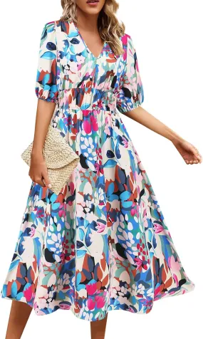 Women Casual Summer Flowy Midi Length Dresses Short Sleeve Tie Waist Pleated A-Line Swing Flowy Wedding Midi Dress