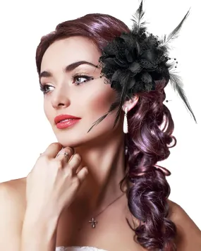 Women Fascinator Feather Flower Black Hair Clip Pin Brooch Corsage Bridal Hairband Cocktail Banquet Party Wedding Accessories