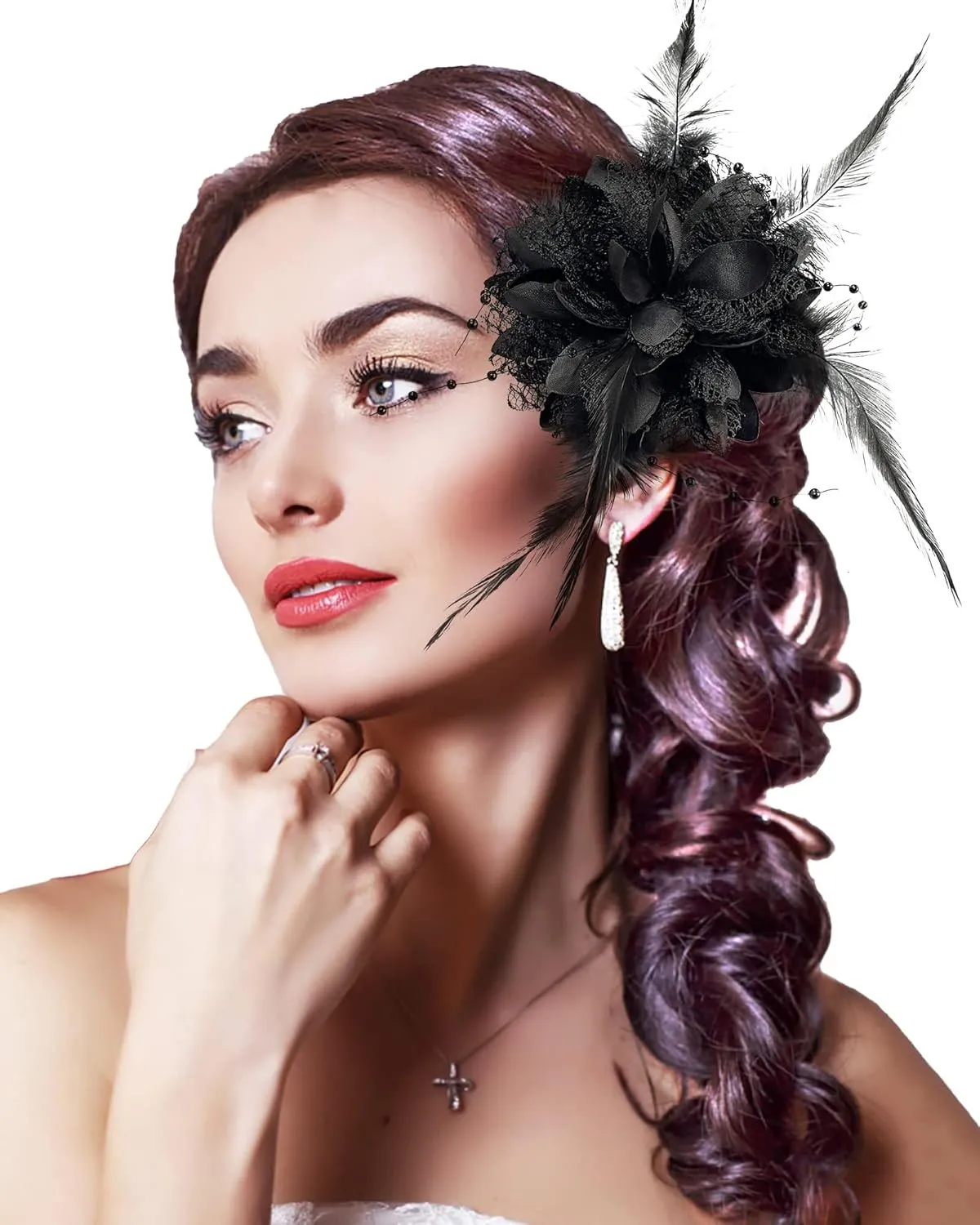 Women Fascinator Feather Flower Black Hair Clip Pin Brooch Corsage Bridal Hairband Cocktail Banquet Party Wedding Accessories