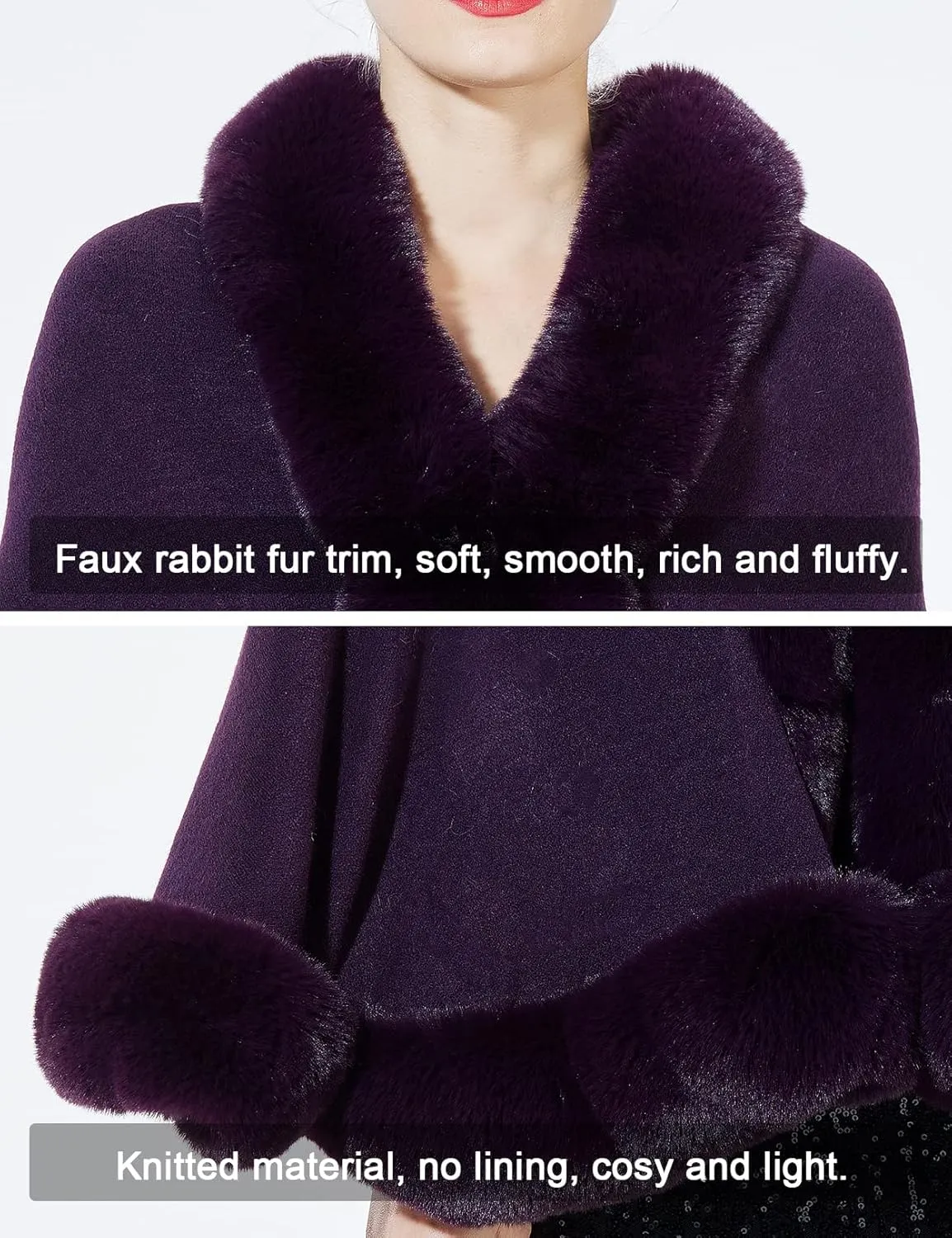 Women Faux Fur Shawl Wrap Cape with Fur Trim Sleeveless Cardigan Dressy Cloak Winter Poncho Coat for Wedding