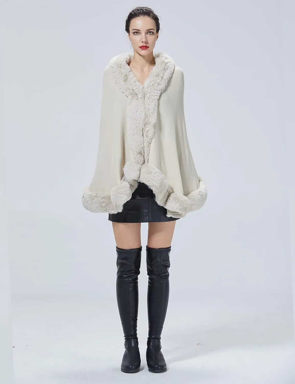 Women Faux Fur Shawl Wrap Cape with Fur Trim Sleeveless Cardigan Dressy Cloak Winter Poncho Coat for Wedding