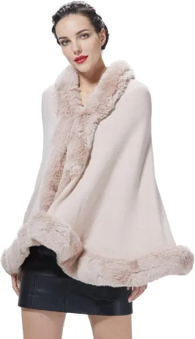 Women Faux Fur Shawl Wrap Cape with Fur Trim Sleeveless Cardigan Dressy Cloak Winter Poncho Coat for Wedding