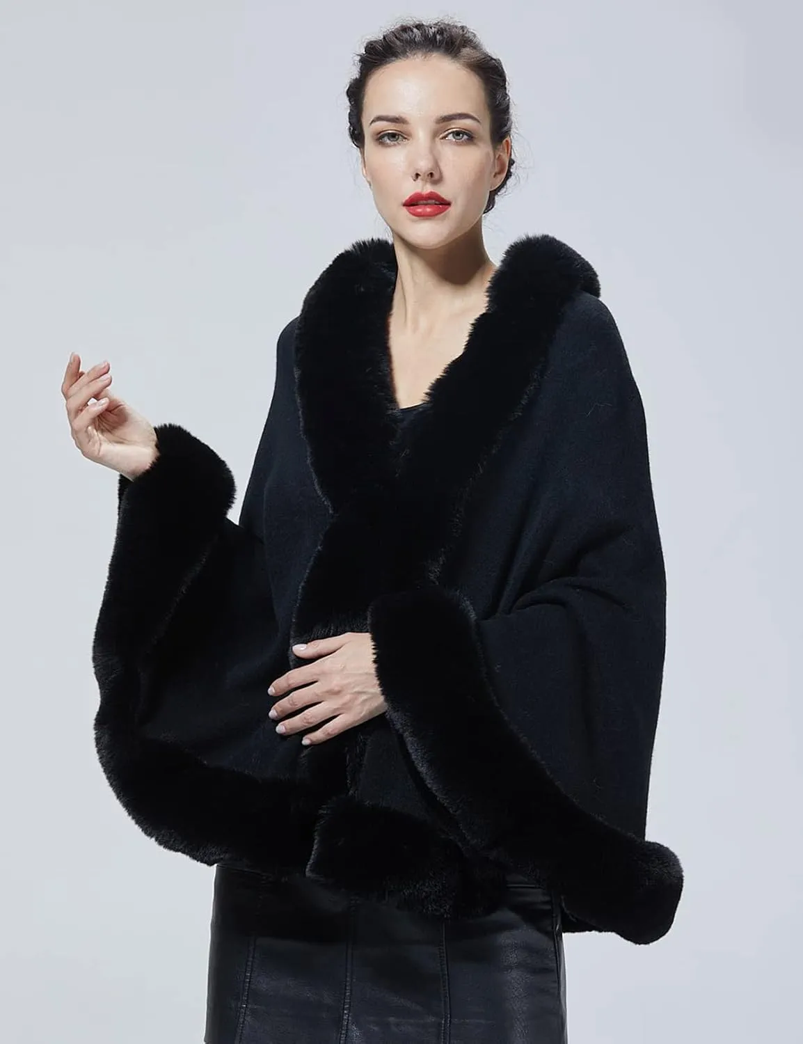 Women Faux Fur Shawl Wrap Cape with Fur Trim Sleeveless Cardigan Dressy Cloak Winter Poncho Coat for Wedding